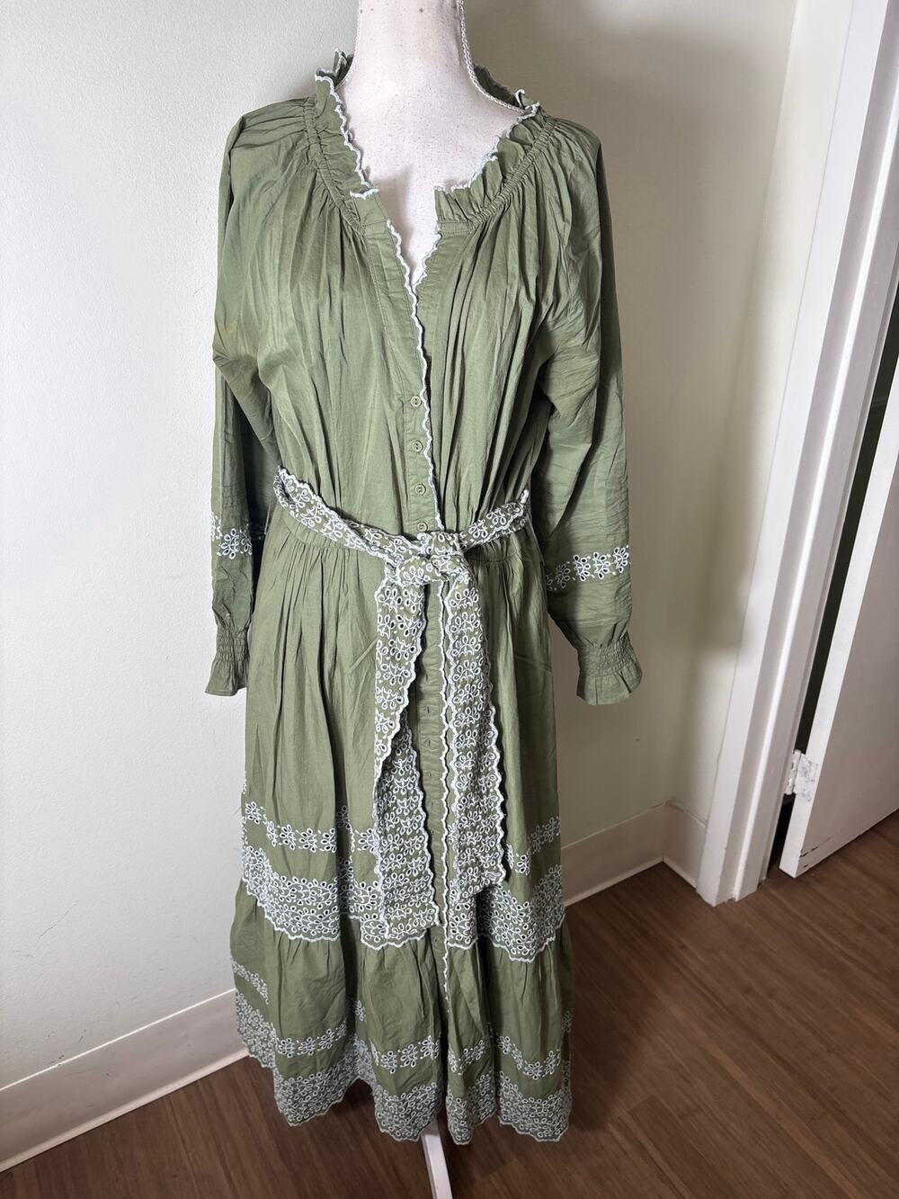 Baybala Army Green Long Sleeve Button Up Cotton Maxi Dress Sz L